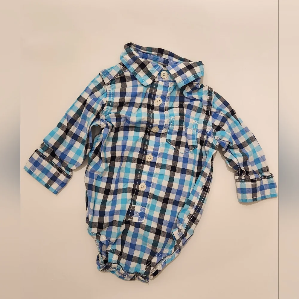 Oshkosh Baby‎ Boy Blue Buffalo Plaid Onesie Buttondown Shirt size 9 months